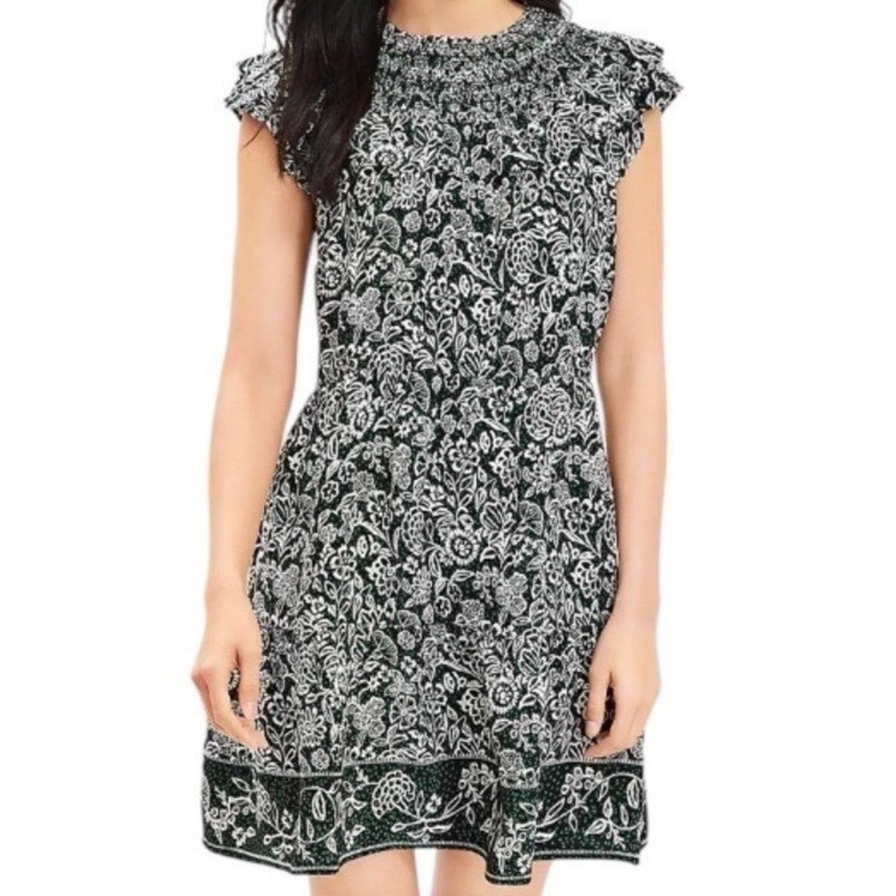 Loft Petites Floral Smocked Flutter Sleeve Dress Hawaiian Floral Black Green NEW